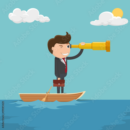 Businessman looks through a telescope standing on a boat , Vision leadership. Vector illustration.