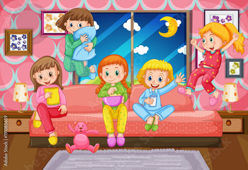 Five girls having slumber party at night