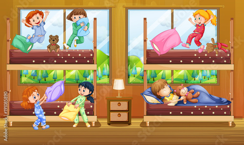 Children in bedroom with two bunkbeds