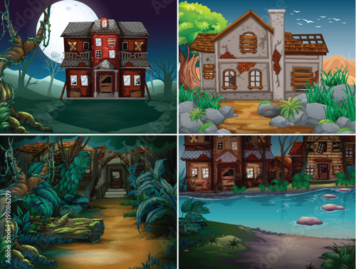 Four scenes with haunted houses in forest