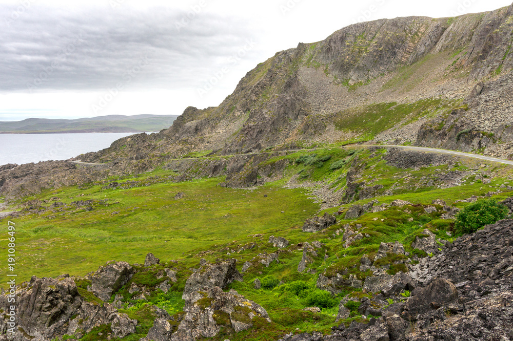Rocky cliffs along the Varanger National Tourist Route, Finnmark, Norway