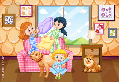 Three kids with two dogs at home