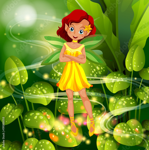 Yellow fairy flying in garden
