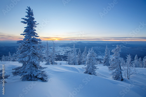 Sheregesh. Dawn on Mount Zelenaya, the winter nature of Siberia, Russia