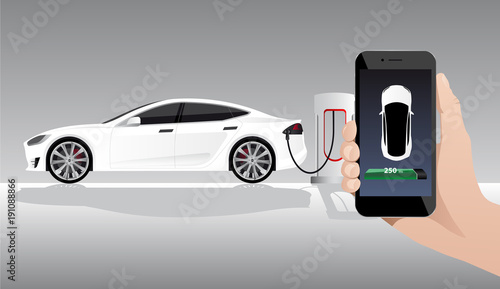 Hand with phone on a background of electric car charging point. On a divice screen indicator of power reserve. Vector illustration