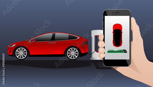 Hand with phone on a background of electric car charging point. On a divice screen indicator of power reserve. Vector illustration