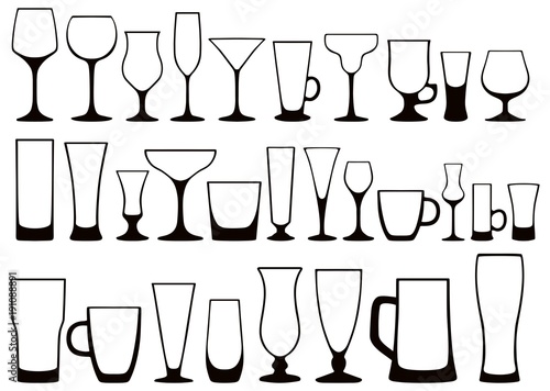 Set of silhouettes of different glasses for drinks. Vector