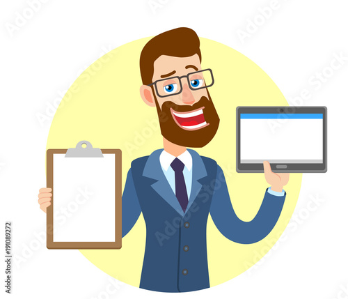 Hipster Businessman showing clipboard and holding tablet PC