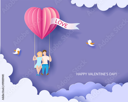 Valentines day card. Abstract background with couple in love on teeterboard, heart balloon and blue sky. Vector illustration. Paper cut and craft style.