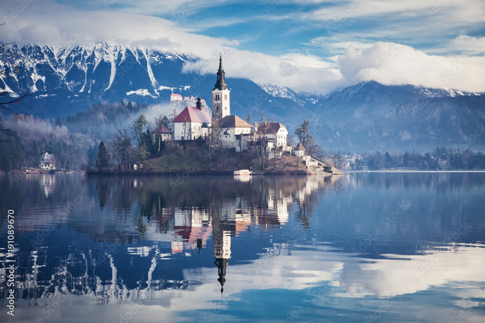amazing View On Bled Lake, Island,Church And Castle With Mountain Range (Stol, Vrtaca, Begunjscica) In The Background-Bled,Slovenia,Europe