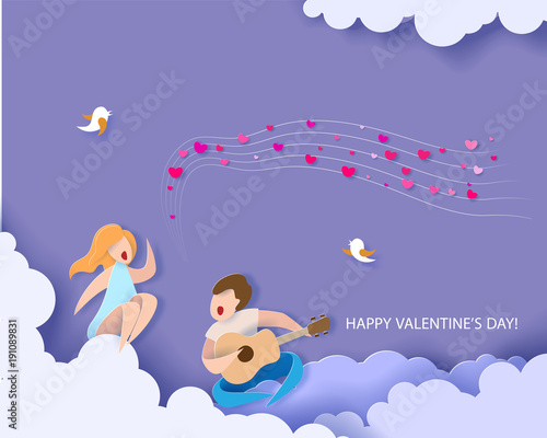 Valentines day card. Abstract background with couple in love singing song. Vector illustration. Paper cut and craft style.