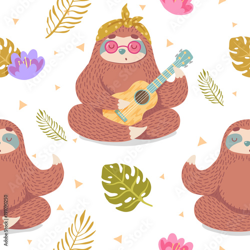 cute seamless pattern with cartoon sloth in lotus pose and playing ukulele with tropical leaves and flowers