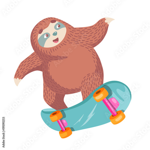 cute cartoon sloth on skateboard. colofrul animal illustration