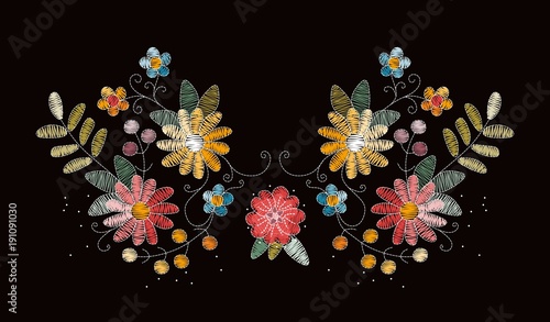 Embroidery design with beautiful flowers, leaves and berries. Colorful floral composition on black background.