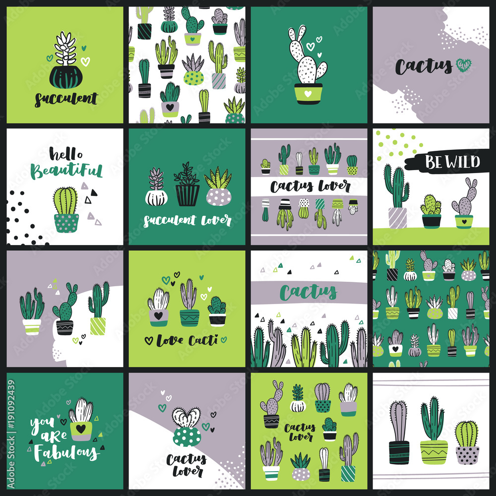 Grand set of cute cactus lover greeting cards. Collection of templates with succulents in flower pots, heart-shaped cacti and hand lettering phrases. Grand set of cute cactus lover greeting cards. Collection of templates with succulents in flower pots, heart-shaped cacti and hand lettering phrases.