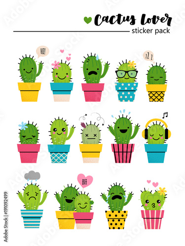 Sticker pack with cute cactuses in bright colored pots. Cartoon style emotion icons or patches or pins on white isolated background. photo