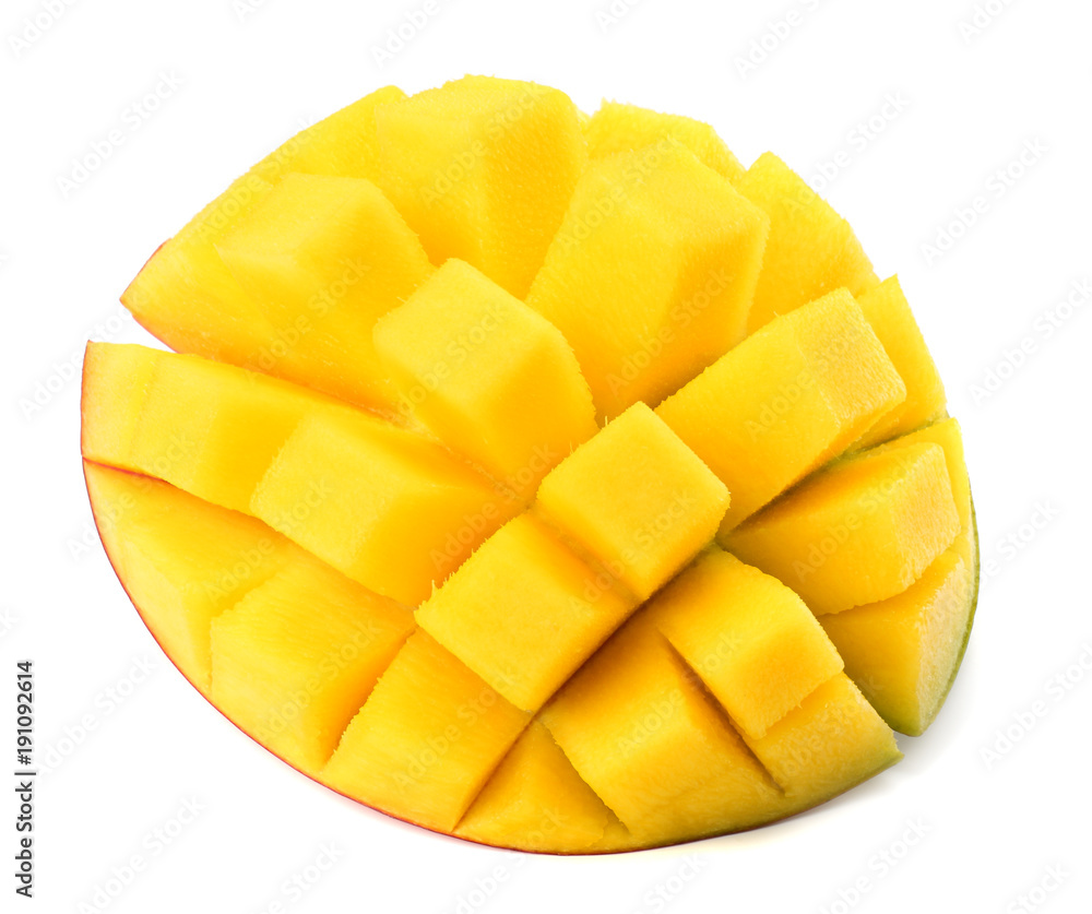 mango slice with green leaves isolated on white background. top view mango slice with green leaves isolated on white background. top view