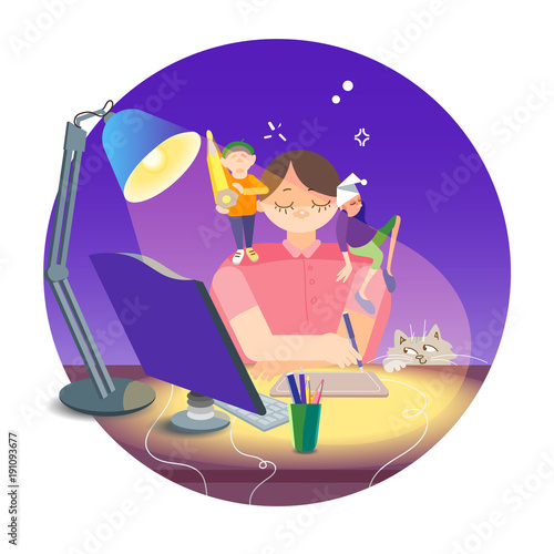 Colorful illustration with the image of a sleepy freelance artist in a state of inspiration. The artist draws on the tablet stylus. On the table, colored pencils, a modern computer, reading lamp