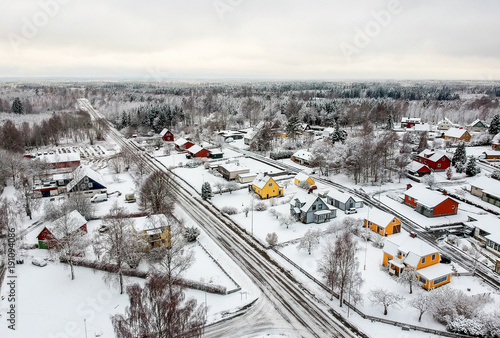 Swedish village in winter season - aerial view