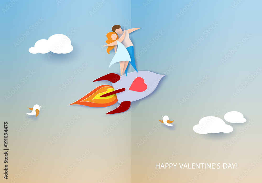 Valentines day card. Abstract background with couple in love flying on rocket, heart and blue sky. Vector illustration. Paper cut and craft style.