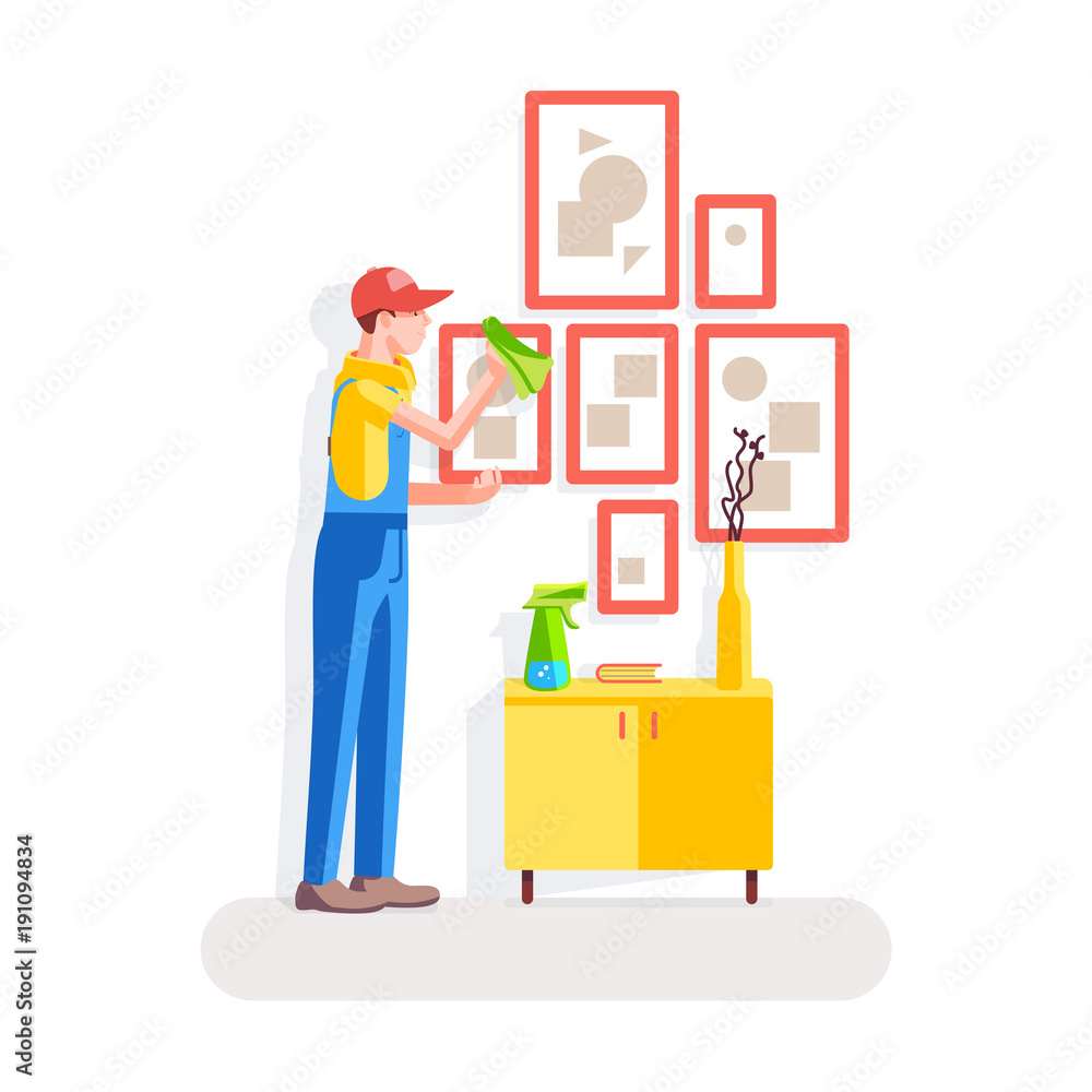 Cleaning of offices. The worker wipes the dust off the pictures on the background of the interior. Vector illustration in a flat style. Cleaning of offices. The worker wipes the dust off the pictures on the background of the interior. Vector illustration in a flat style.