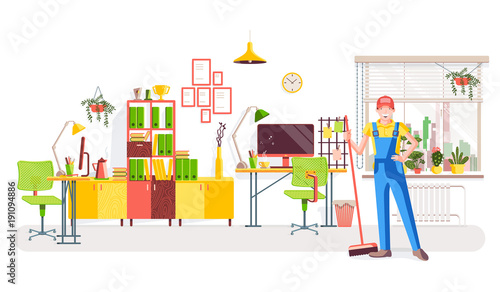 Office cleaning. Worker in uniform with a broom on the background of the office interior with a view of the window with flowers, work desks and a bookcase with books and awards. Vector illustration.