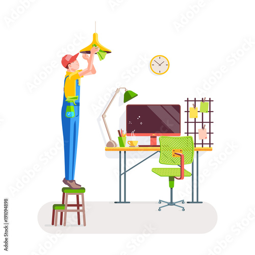 Office cleaning. Worker standing on the stepladder wipes the dust from the lamp against the background of the interior. Vector illustration in a flat style.