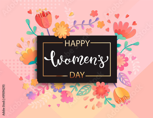 Card for happy women's day in square black frame on geometric background pastel colors with beautiful flowers. Vector illustration template, banner, flyer, invitation, poster.