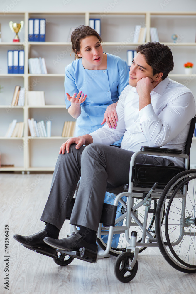 Disabled patient on wheelchair visiting doctor for regular check