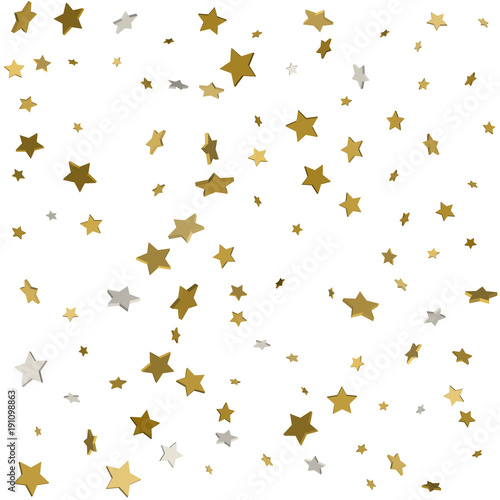 Gold star confetti rain festive holiday background. Vector golden paper foil stars falling down isolated on transparent background.