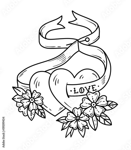 Two loving hearts on tied with ribbon. Tattoo hearts in flowers. Love. Black and white illustration for Valentines Day.