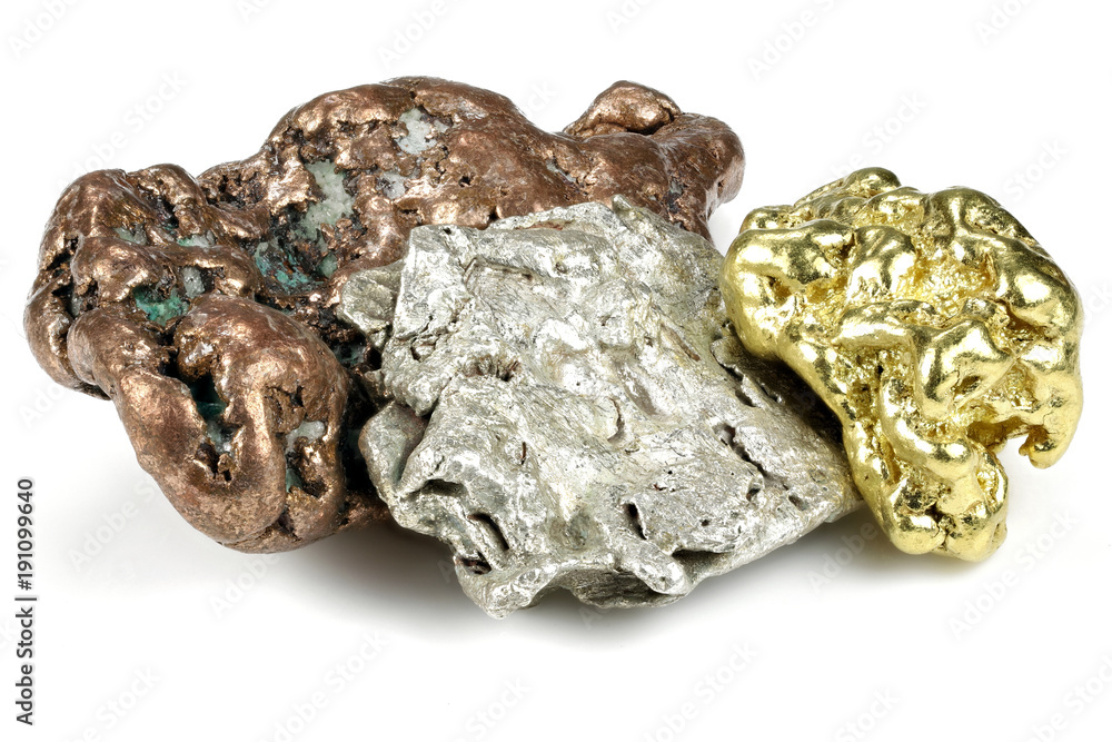native gold, silver and copper nuggets isolated on white background native gold, silver and copper nuggets isolated on white background