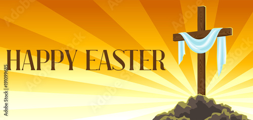 Silhouette of wooden cross with shroud. Happy Easter concept illustration or greeting card. Religious symbol of faith against sunrise sky