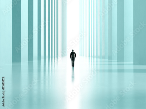 a lonely man walk the corridor with columns to the light 3D rendering