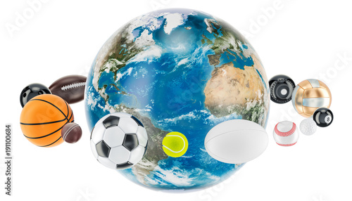 Earth Globe with sport balls around. 3D rendering