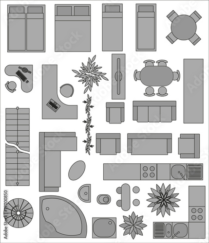 Set of  top view interior. Different variants of furniture in grey color for apartments