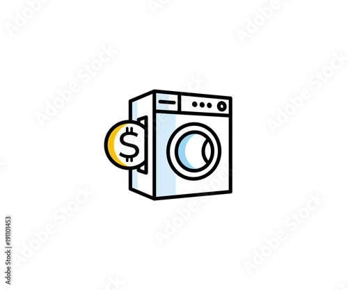 Concept of washing machine and coin logo template. Paid public laundry vector design. Washing house illustration