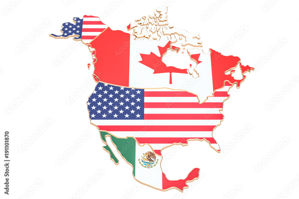 North america map with flags of the USA, Canada and Mexico. 3D rendering - obrazy, fototapety, plakaty 