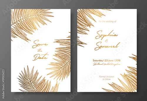 Gold wedding invitation with tropical leaves. Vector elements for design template. Gold tropical leaves for cards, wedding invites, save the date, greeting design, thank you cards, brochures, banners.