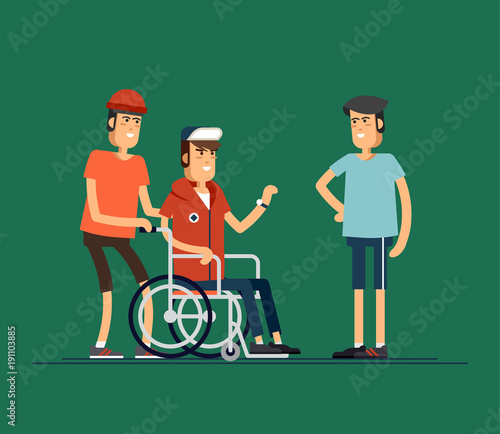 Group of happy young people communicate with each other. Caring for the disabled people concept. Vector iilustration
