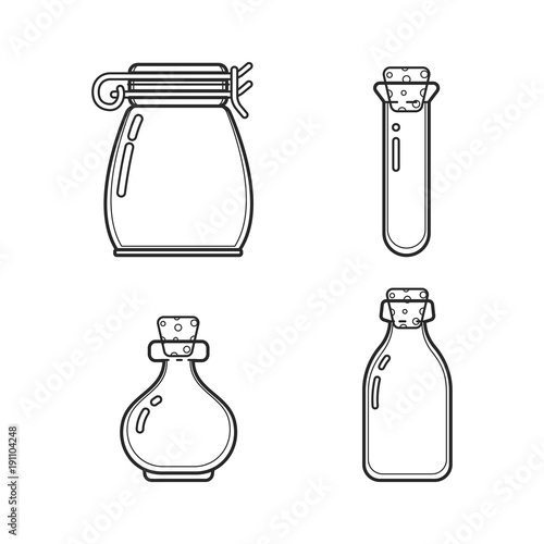 Set glass medical bottle and jar in line style