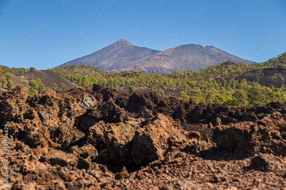 Teide National Park, Tenerife, Canary Islands - A picturesque view of the colourful Teide volcano, or in spanish 'Pico del Teide'. The tallest peak in Spain with an elevation of 3718 m