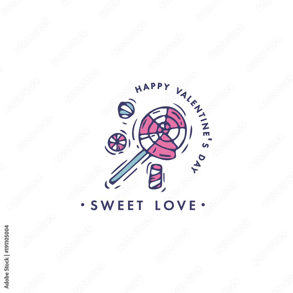 Happy Valentines day typography greeting card. Love quote. Sketch linear style illustration for Valentines day with lollipop. Colorful icon. Happy Valentines day typography greeting card. Love quote. Sketch linear style illustration for Valentines day with lollipop. Colorful icon.