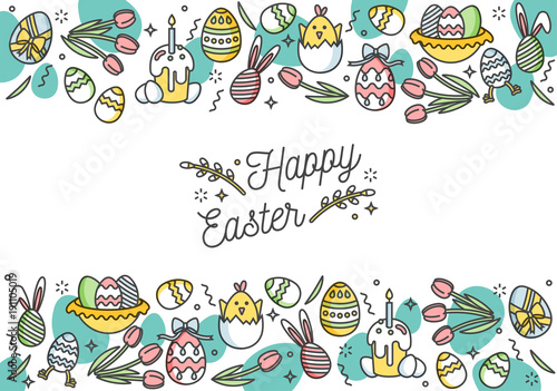 Easter eggs composition. Colorful linear icons on white background. Decorative horizontal stripe from ornamental eggs. Happy Easter greeting card.
