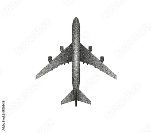 Vector plane silhouette in stipplism dots style black white top view