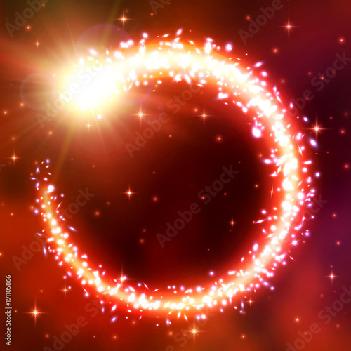 Comet fly in a circle. Lens flare effect, bokeh and glare. A chaotic vortex of brilliant particles. Flash of light, galactic nebula, flickering stars. Magic round light frame. Neon vector illustration