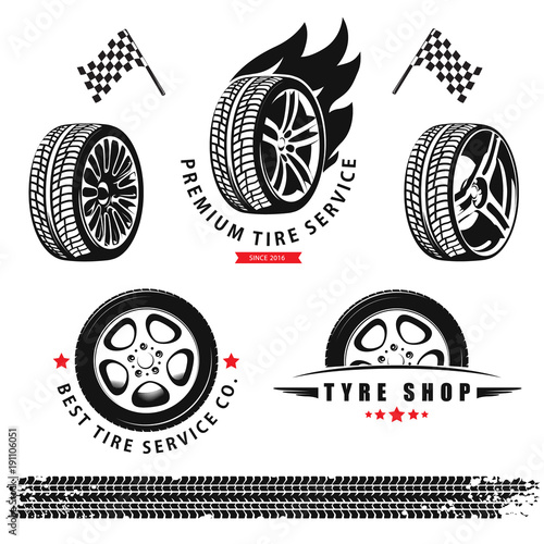 Vector set of wheels, tires and tracks for use in icons and logos