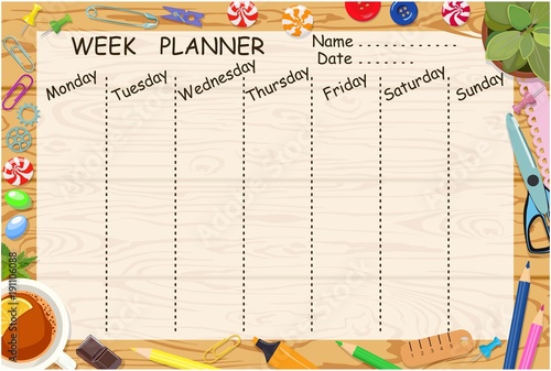 Weekly planner of horizontal format. Desktop. Vector illustration