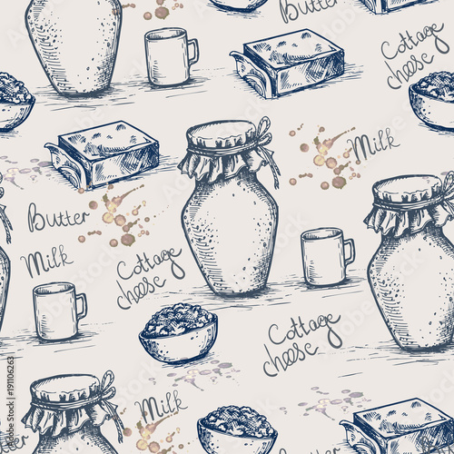 Vector ink hand drawn seamless background of dairy products. Milk, cottage cheese, butter and lettering. vintage sketch texture for recipe, print.