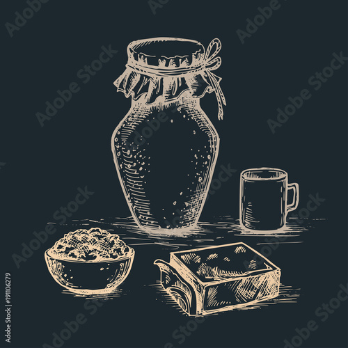 Vector ink hand drawn set of dairy products on dark background. Milk, cottage cheese, butter and lettering. vintage sketch illustration for recipe, print.
